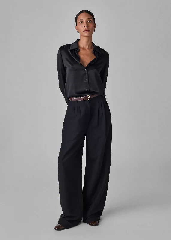 Pleated Barrel Trouser in Faille - Black