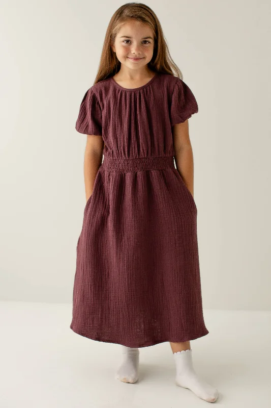 'Alicia' Girl Cotton Gauze Midi Dress in Deep Plum Defect FINAL SALE