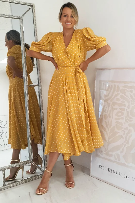 Andrea Polka Dot Midi Dress | Mustard