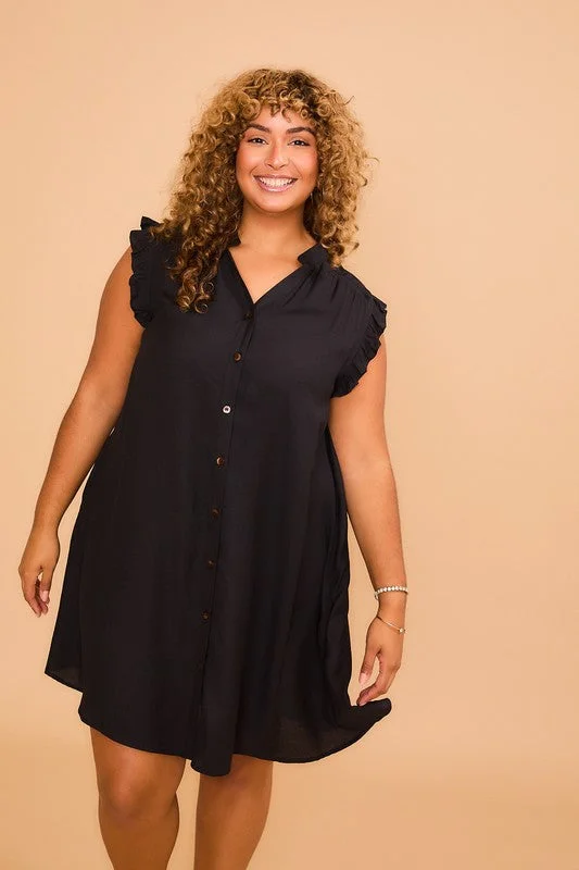 Button Down Mini Dress -  Black