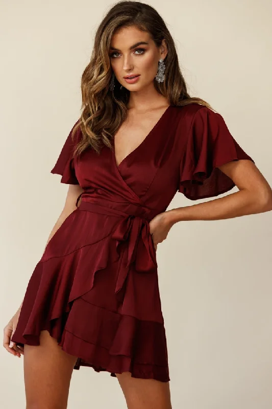 Cami Angel Sleeve Faux Wrap Dress Wine