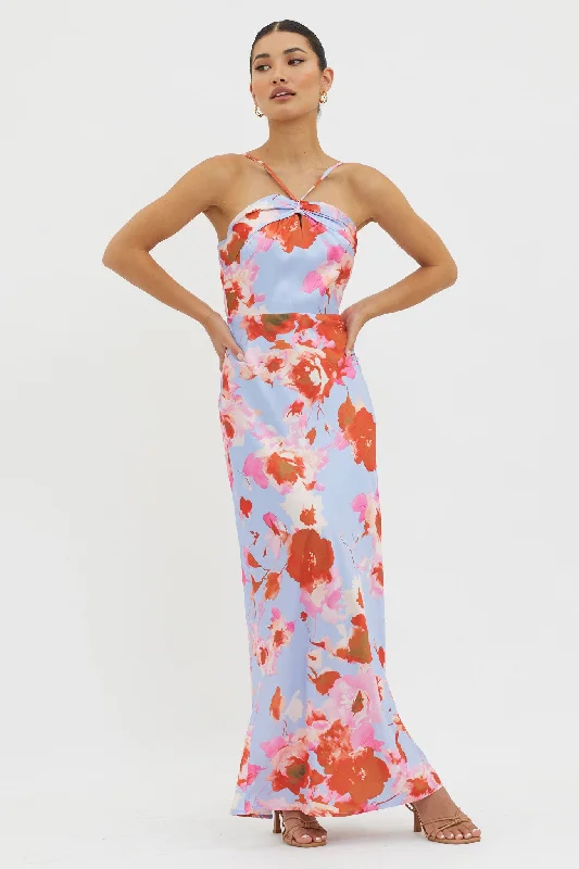 Carter Foldover Neckline Maxi Dress Blue Pink