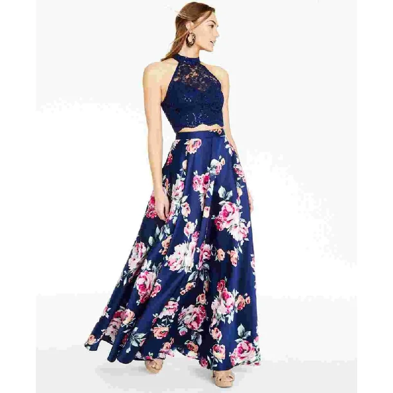 City Studios Juniors' Lace Top And Floral 2-Pc. Gown Blue Size 5