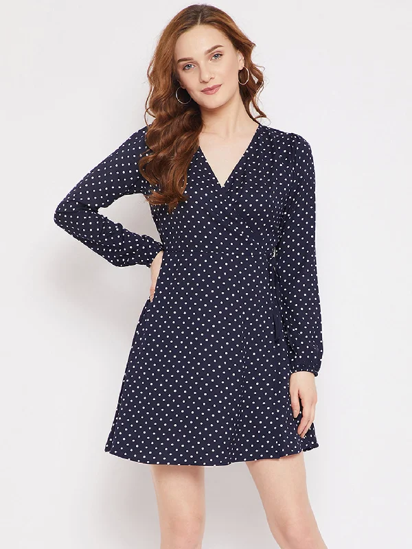 Berrylush Women Navy Blue Polka Dot Printed V-Neck Waist Tie-Up Fit & Flare Wrap Mini Dress