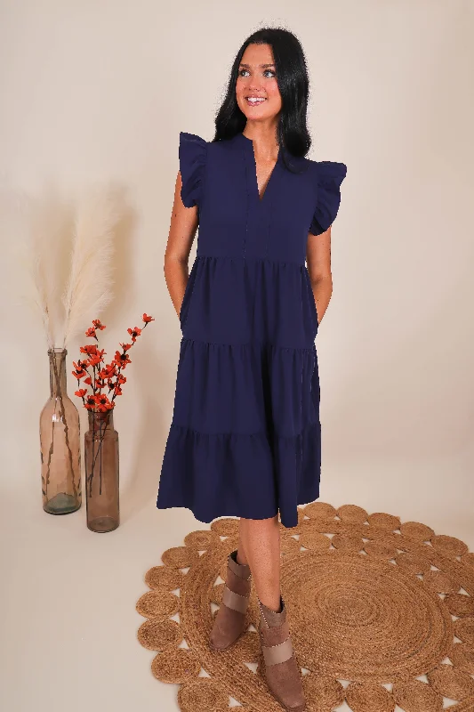 Moving On Midi Dress-Navy