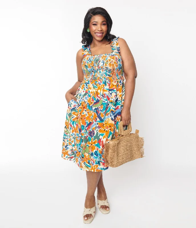 Multicolor Brush Stroke Florals Midi Dress