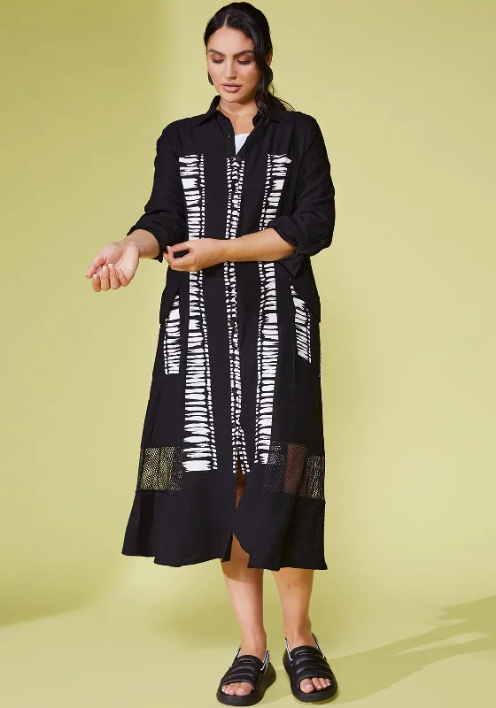 Ora Abstract Print Netted Trim Midi Shirt Dress, Black