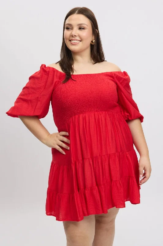 Red Shirred Bodice Puff Sleeve Tiered Mini Dress