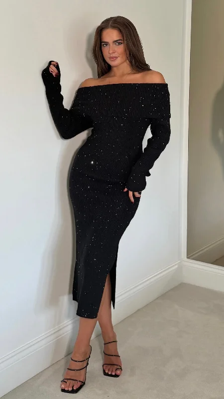 Sharan Black Knitted Sequin Bardot Midi Dress