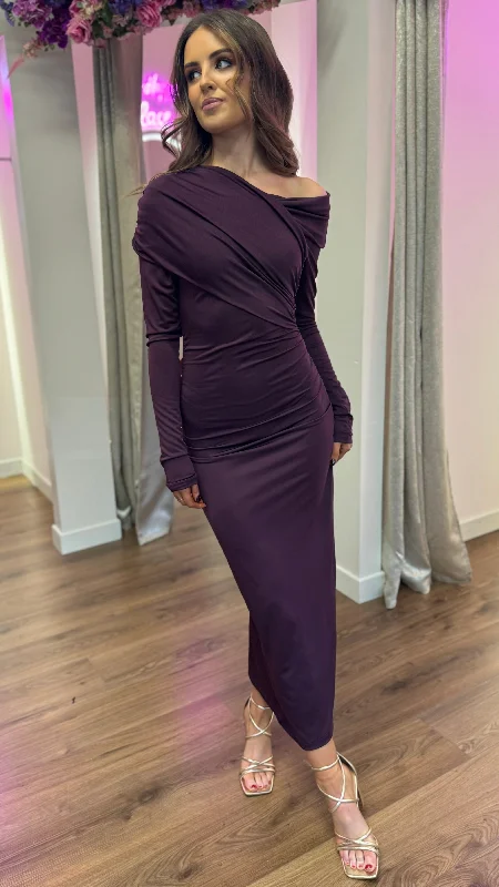 Sheridan Purple Off Shoulder Wrap Effect Midi Dress