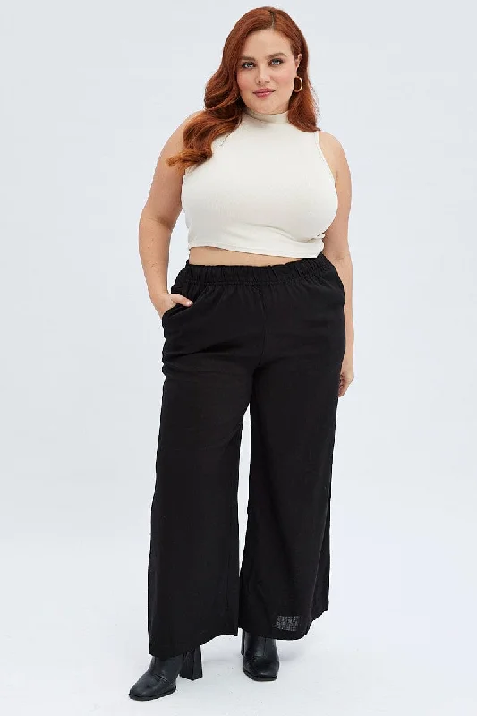 Black Wide Leg Pants Elastic Waist