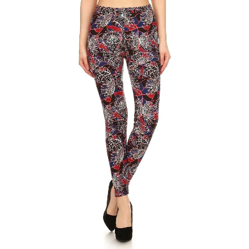 Floral Print High Waist Basic Solid Leggings With Elastic Waistband