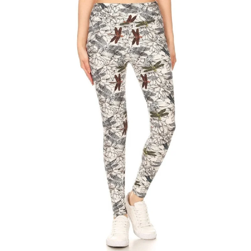 High Waist Full Length Leggings with Yoga Style Banded Lined Dragonfly Print