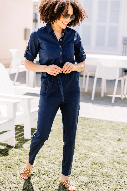 Inner Trendsetter Navy Blue Linen Jumpsuit