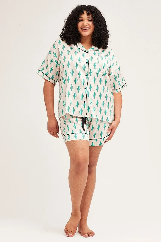 Print Pyjamas Set Short Sleeve Collared Shorts Satin