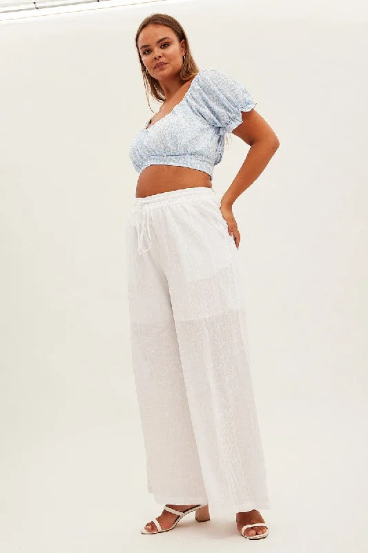 White Wide Leg Pants High Rise Cotton