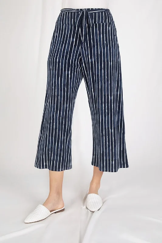 Wide Leg Trouser Crop | Navy Painted Lines