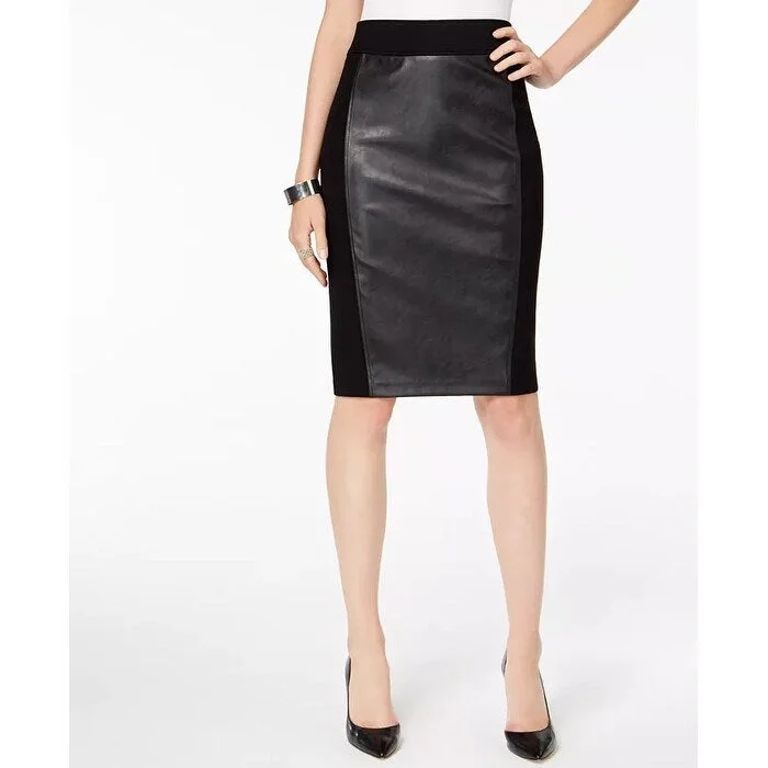 INC International Concepts Women's Faux Leather Ponte Knit Pencil Skirt Black Size Medium