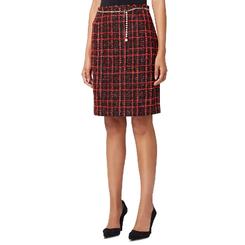 Tahari Asl Women's Boucle Pencil Skirt With Chain Belt Red Size 16